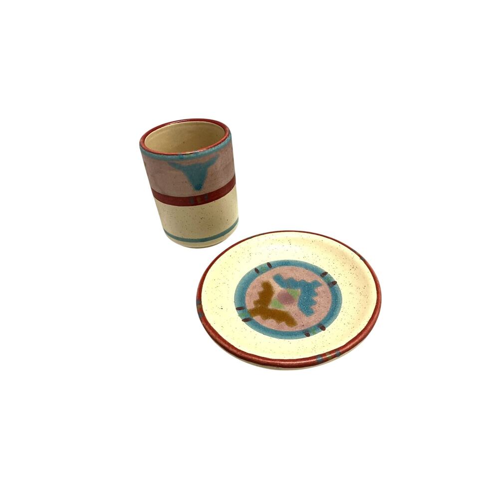 Southwestern Ceramic Cup and Saucer Set Handleless Geometric Tan Blue Pink Aztec